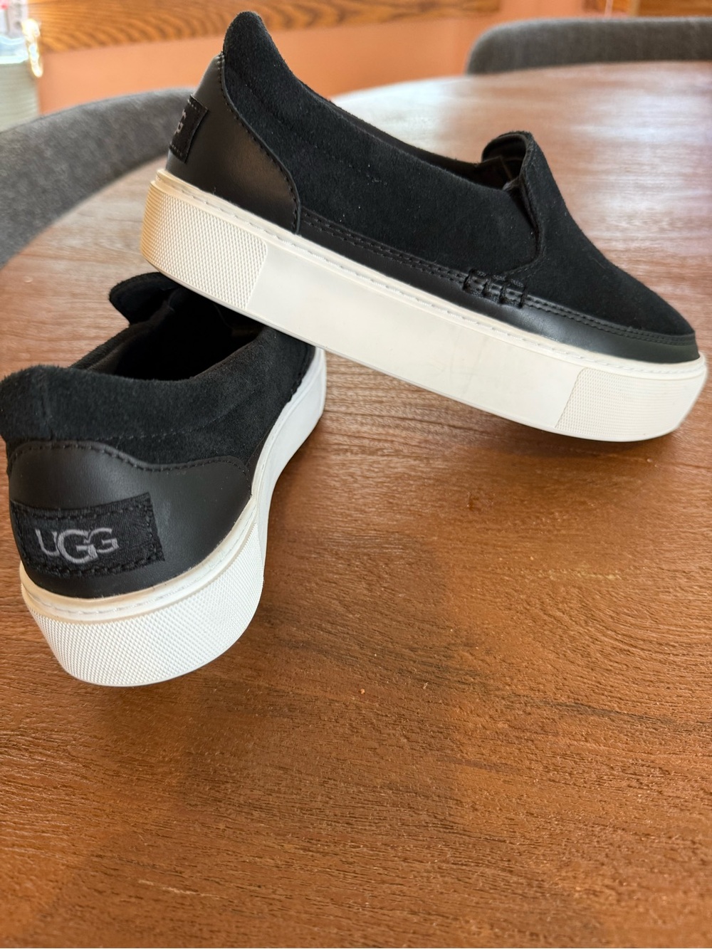 UGG Black Slip-On Suede Platform Loafers with White Sole